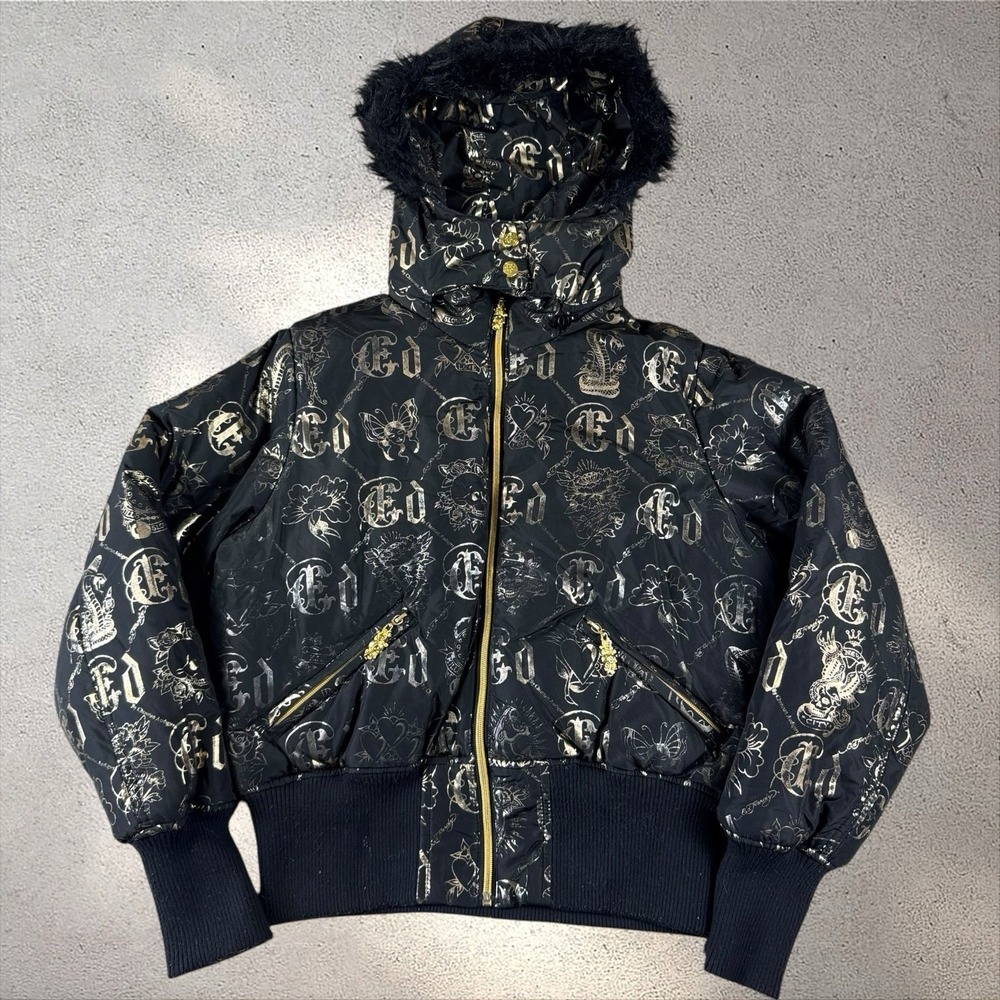 Y2K Ed Hardy Christian Audigier Cropped Fur Hooded Tattoo AOP Jacket Coat Sz XL